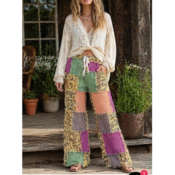 Jaded Gypsy Pants - Jaded Gypsy Patchwork Boho Wide Leg Pants Multi Floral Frayed L/XL NEW